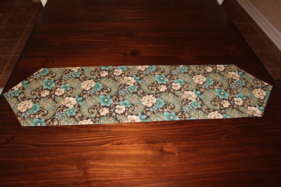 Floral Teal Brown Long Table Runner Reversible Fast Etsy