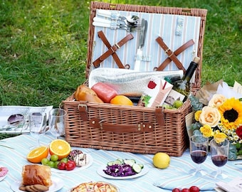 Personalized Large Honey Picnic Basket Set for 4, Willow Hamper with Large Insulated Cooler. Waterproof Blanket and Cutlery Service Kit