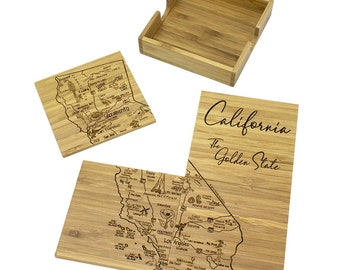 Personalized Engraved California State Puzzle 4 Piece Bamboo Coaster Set with Case