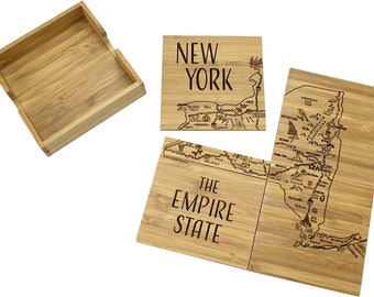 Personalized Engraved New York State Puzzle 4 Piece Bamboo Coaster Set with Case