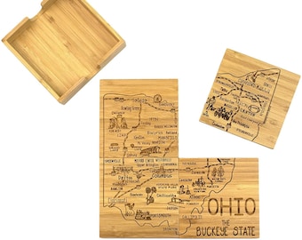 Personalized Engraved Ohio State Puzzle 4 Piece Bamboo Coaster Set with Case