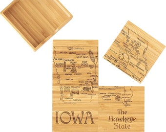 Personalized Engraved Iowa State Puzzle 4 Piece Bamboo Coaster Set with Case