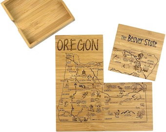 Personalized Engraved Oregon State Puzzle 4 Piece Bamboo Coaster Set with Case