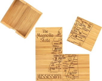 Personalized Engraved Mississippi State Puzzle 4 Piece Bamboo Coaster Set with Case