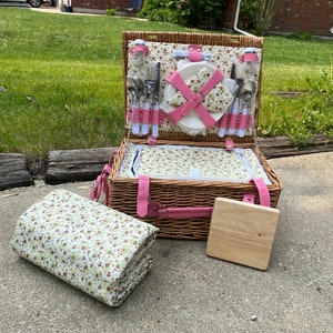 Custom Pink with Rose Flower Picnic Basket Set for 2 -Willow basket & Insulated Cooler. Waterproof Blanket and Cutlery Service Kit