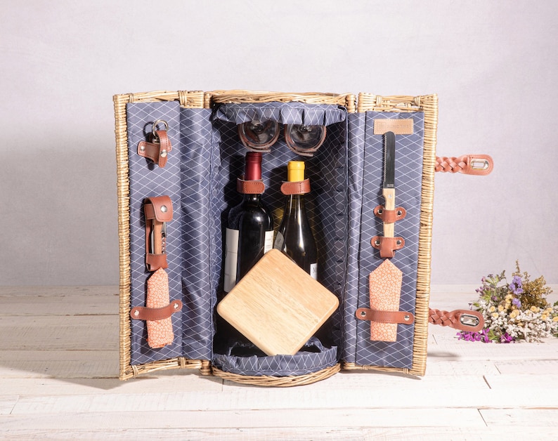 Personalized Picnic Basket Wine Cheese Portable Personalized Cheese Board Corkscrew Cheese Beach Basket Picnics Backpacking Wine Glasses image 3