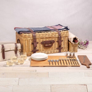 Personalized Picnic Basket For Four Custom With Engraved Monogrammed Cheese Board Luxury Picnic Basket Corkscrew Cheese Foodie Gift Wine
