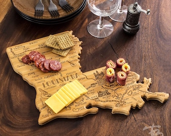 Personalized Louisiana Shaped Serving and Cutting Board, Includes Hang Tie for Wall Display