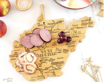Personalized West Virginia Shaped Serving and Cutting Board, Includes Hang Tie for Wall Display