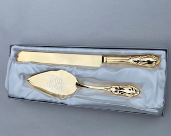 Gold Engraved Wedding Cake Server and Knife Set Elegant Server Set (2pc)