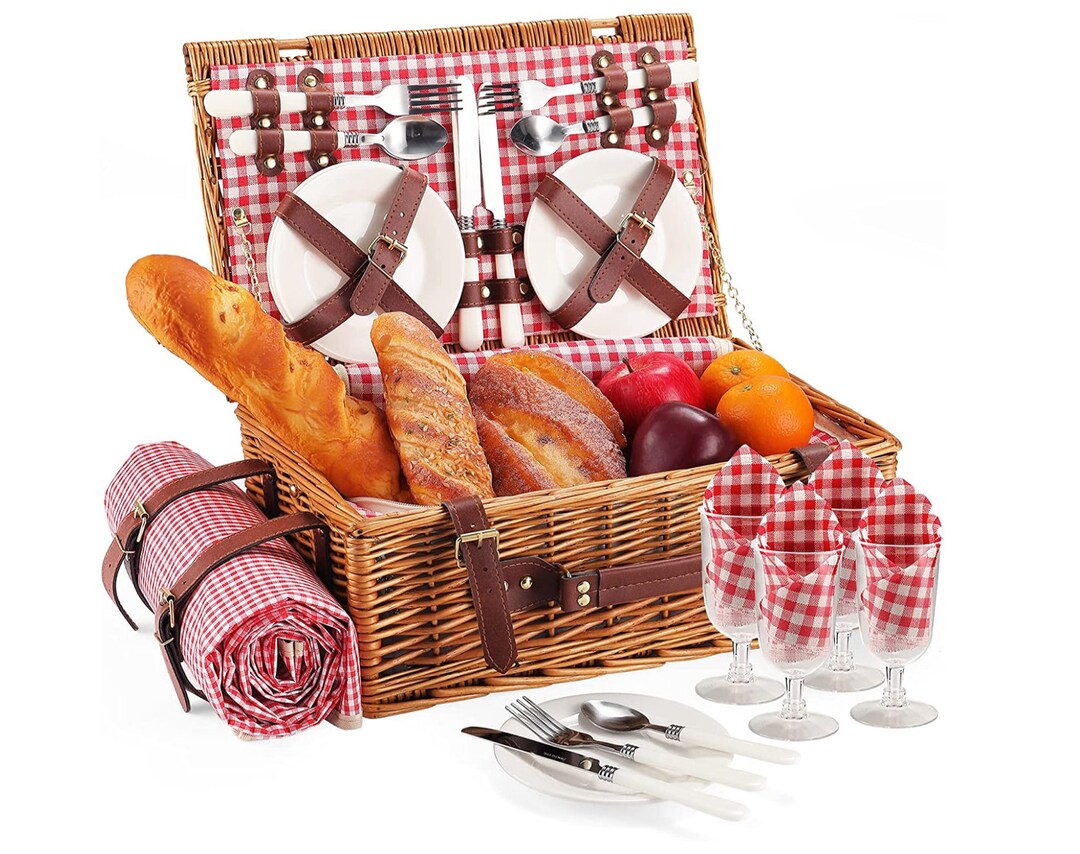 Personalized Red Picnic Basket for 4 Waterproof Picnic Blanket, Gift