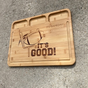 Personalized 3 Well Kitchen Prep Cutting Board with Juice Groove and &quot;It&#39;s Good&quot; Football Engraving