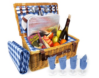 4 Person Picnic Basket - Insulated Wicker Hamper - Dishwasher Safe Plates, Wine Glasses, Flatware Set and Napkins