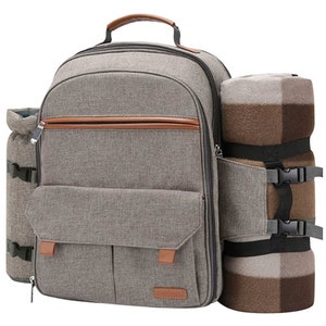 Engraved Insulated Picnic Backpack for 4 Person Bag with Cooler Compartment, Wine Pouch, Blanket and Stainless Steel Cutlery Set