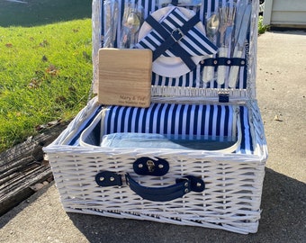 Personalized Romantic Wicker Picnic Basket for 4  People, White Willow Set with Big Insulated Cooler Compartment, Picnic Blanket and Cutlery