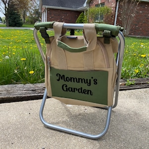Custom Gardener Folding Seat with Tools, Garden Stool with Detachable Storage Tote Bag, Portable Chair Seat with Garden Tools Set Organizer