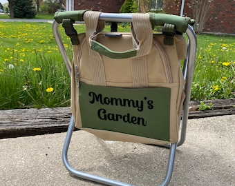 Custom Gardener Folding Seat with Tools, Garden Stool with Detachable Storage Tote Bag, Portable Chair Seat with Garden Tools Set Organizer