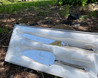 Simple Engraved Silver Wedding Cake Server and Knife (2pc) Silver Wedding Server Set