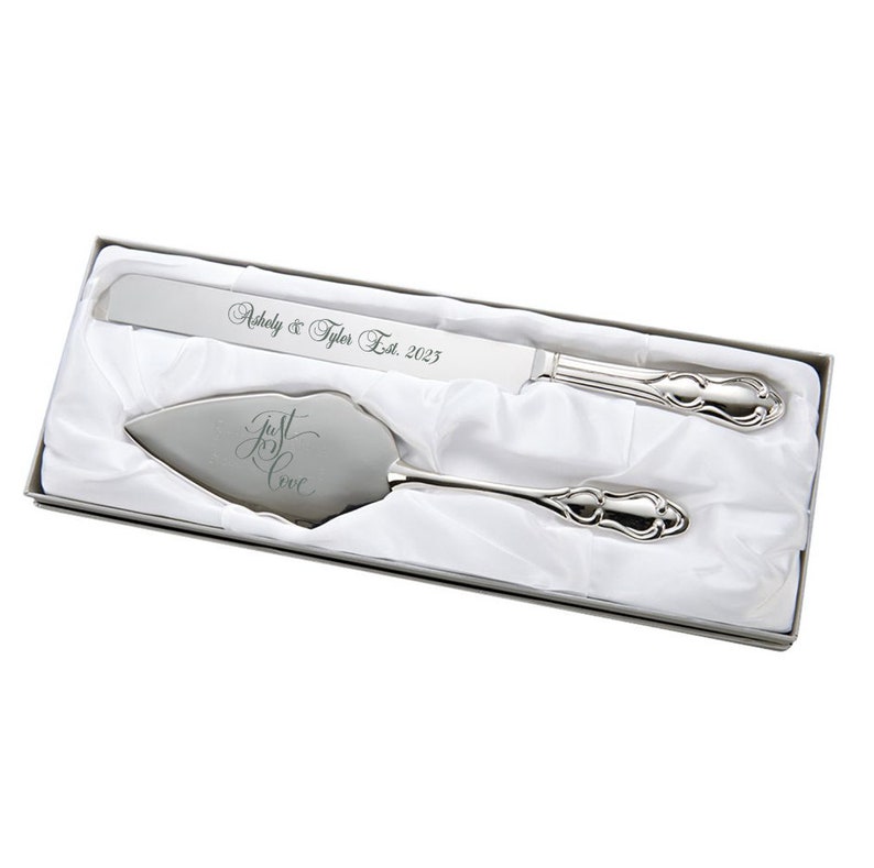 Classic Silver Engraved Wedding, Anniversary, or Birthday Cake Server Knife Set