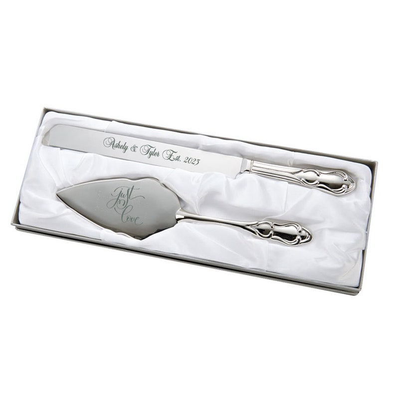 Classic Silver Engraved Wedding, Anniversary, or Birthday Cake Server Knife Set image 5