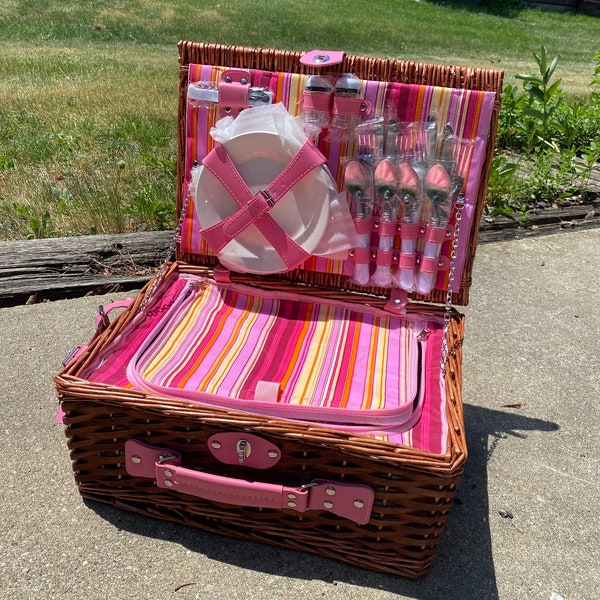 Custom Pink with Pink Stripes Picnic Basket Set for 4 -Willow basket & Insulated Cooler. Waterproof Blanket and Cutlery Service Kit