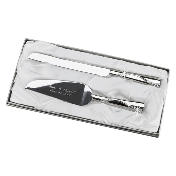 Engraved Wedding Cake Server and Knife Set With Crystal Handles Silver Plated Traditional Cake Server and Knife Serving Set Cake Cutting Set