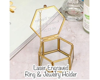 Engraved Wedding Ring Box, jewelry box Ring Bearer Alternative Hexagon Engraved Glass jewelry box, glass trinket box, glass watch box