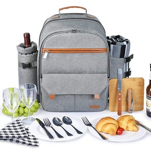 Engraved Insulated Picnic Backpack for 2 Person Bag with Cooler Compartment, Wine Pouch, Blanket and Stainless Steel Cutlery Set