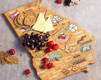 Personalized Georgia State Shaped Cutting Board and Charcuterie Serving Platter Includes Hang Tie for Wall Display