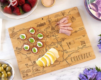 Personalized Colorado State Shaped Serving and Cutting Board, Includes Hang Tie for Wall Display