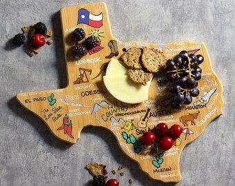 Personalized Texas State Shaped Cutting Board and Charcuterie Serving Platter Includes Hang Tie for Wall Display