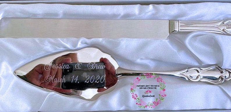 Classic Silver Engraved Wedding, Anniversary, or Birthday Cake Server Knife Set image 7