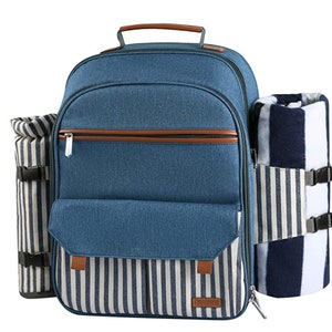 Engraved Insulated Picnic Backpack for 4 Person Bag with Cooler Compartment, Wine Pouch, Blanket and Stainless Steel Cutlery Set