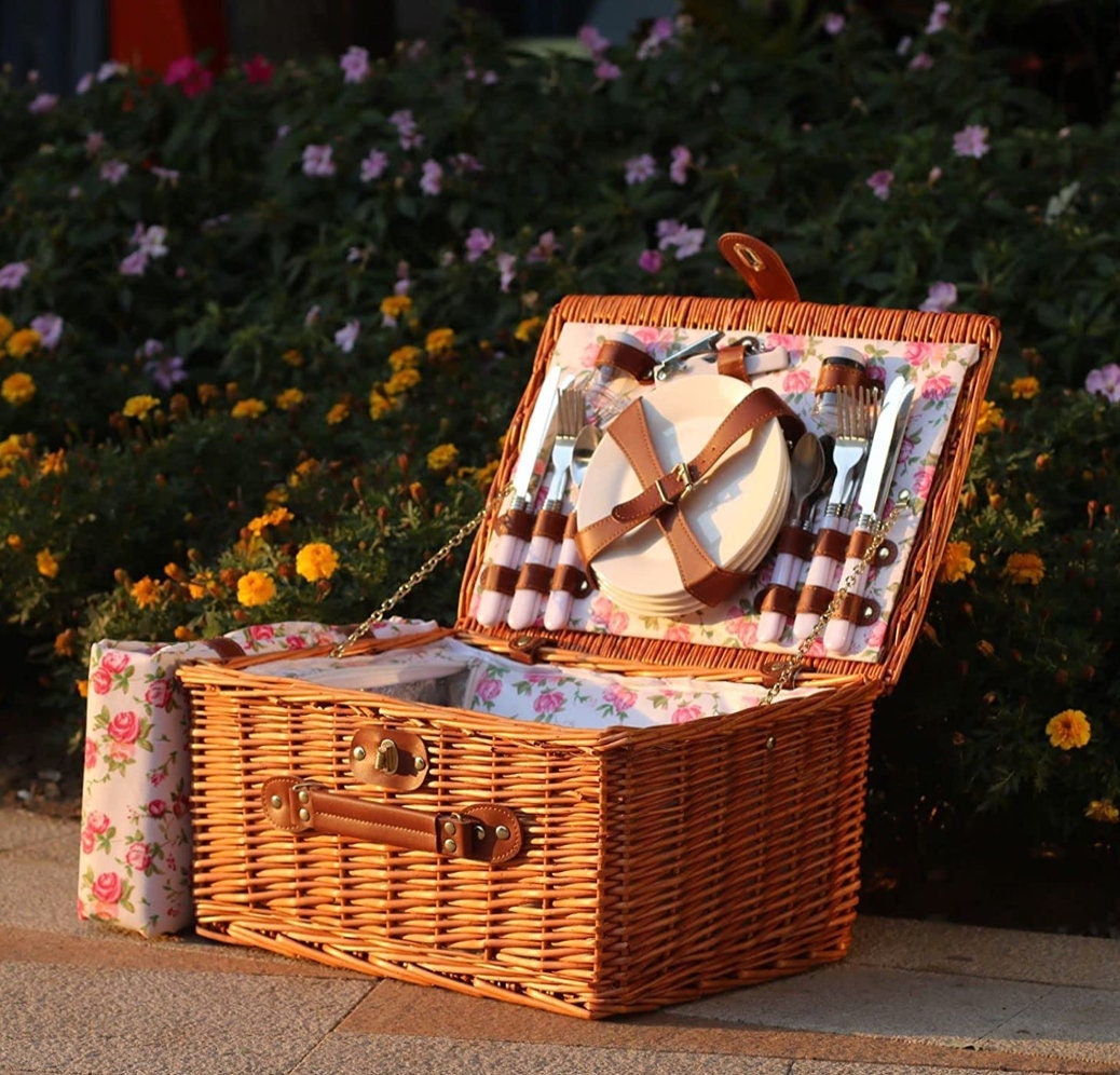 Birthday Wedding Picnic Basket for 4 Persons Wicker Picnic Set with Insulated Liner for Camping Anniversary Day 