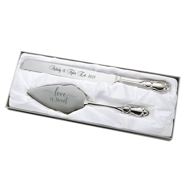 Classic Silver Engraved Wedding, Anniversary, or Birthday Cake Server Knife Set image 2