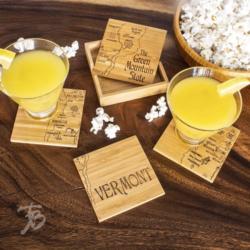 Personalized Engraved Vermont State Puzzle 4 Piece Bamboo Coaster Set with buying Case