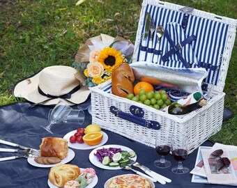 Personalized Romantic Wicker Picnic Basket for 4  People, White Willow Set with Big Insulated Cooler Compartment, Picnic Blanket and Cutlery