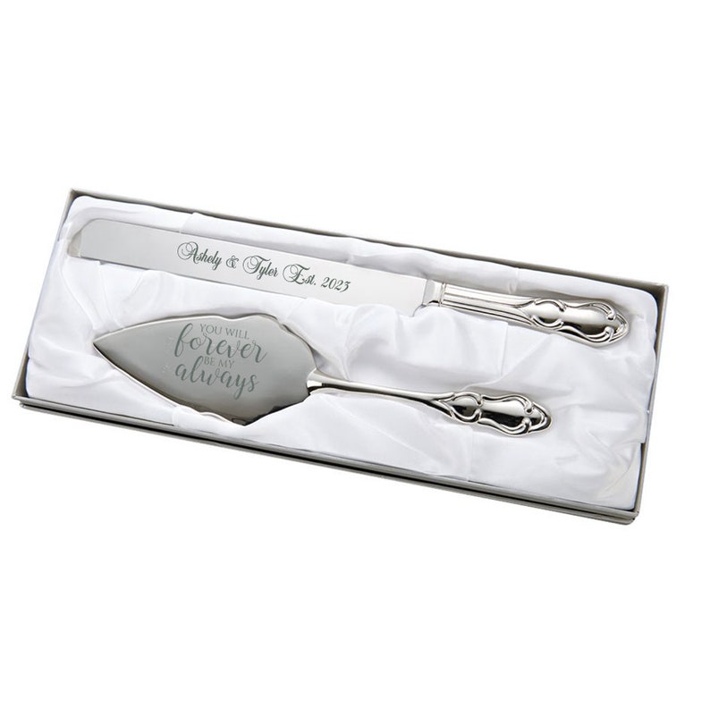 Classic Silver Engraved Wedding, Anniversary, or Birthday Cake Server Knife Set image 6