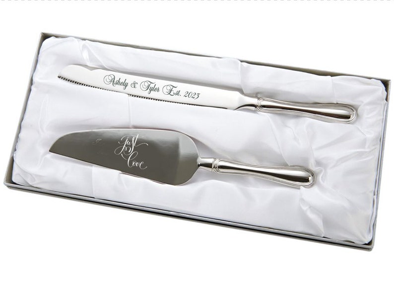 Simple Engraved Silver Wedding Cake Server and Knife 2pc Silver Wedding Server Set image 5