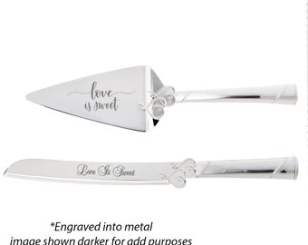 Engraved Wedding Cake Server Knife Set, Personalized Cake Cutting Set, Heart Motif Wedding Cake Set, Birthday Cake And Knife Server Set