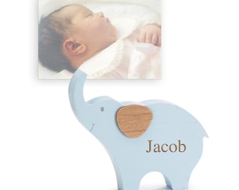 Engraved Blue Wooden Elephant Photo Holder, Personalized baby gift, newborn baby girl, nursery gift, mom gift