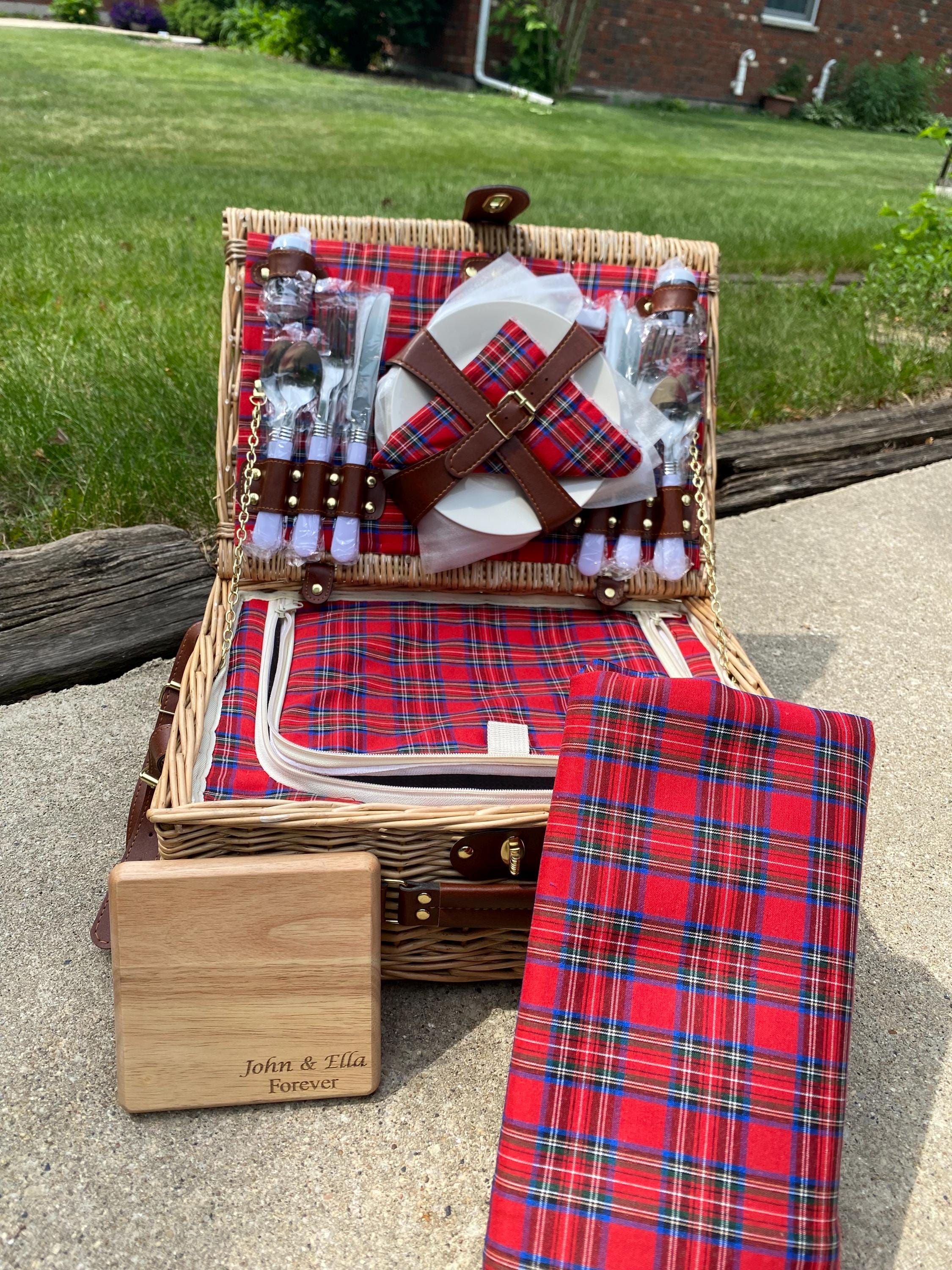 Personalized Red Plaid Picnic Basket Set for 4 , Willow Hamper with Large Insulated Cooler. Waterproof Blanket and Cutlery Service Kit