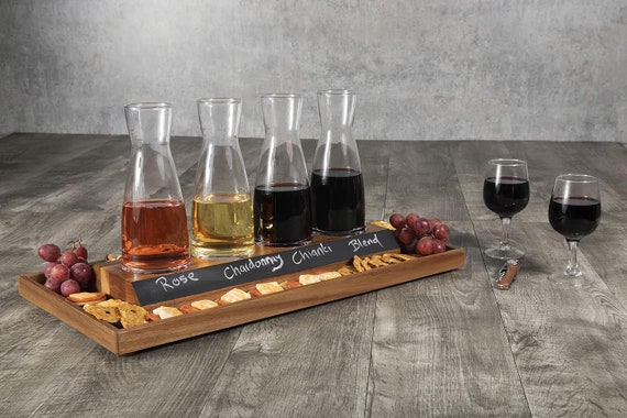 Laser Engraved Serving Tray and 4 Glass Carafes, Mimosa Bar Kit, Wine  Flight Tasting Set, Acacia Wood, Wine Tasting Gift, Housewarming Gift 