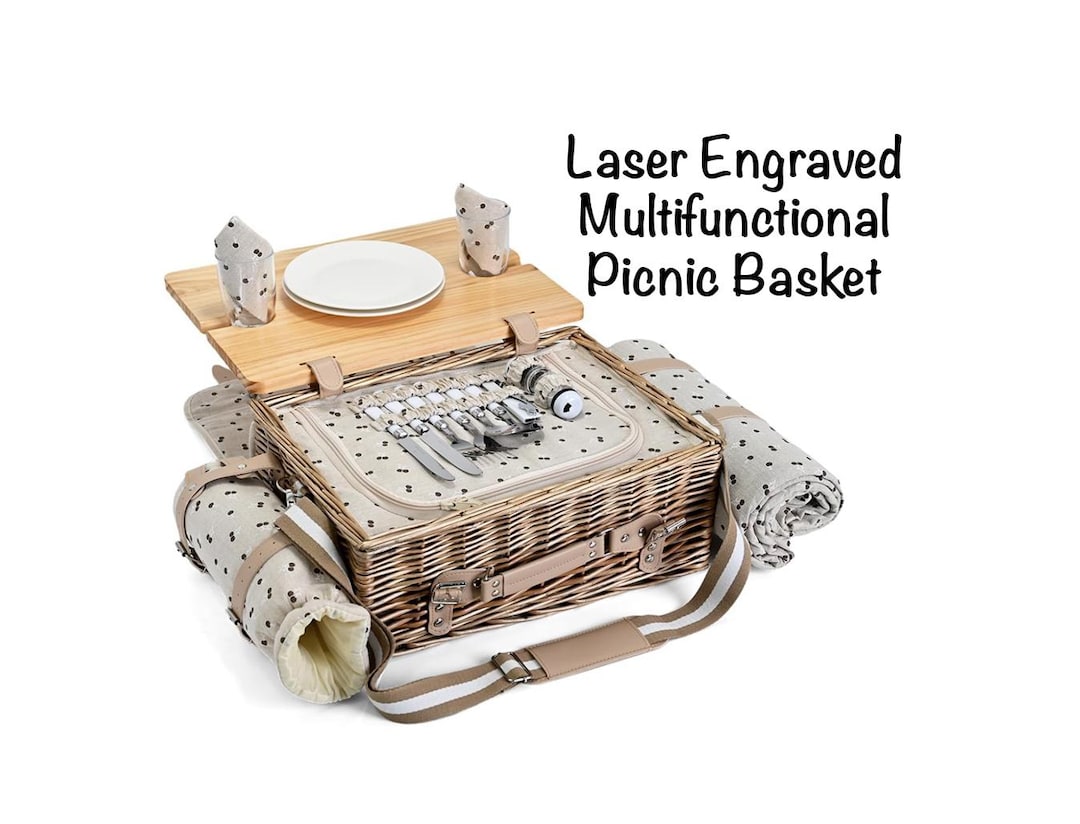 Multifunctional Engraved Wicker Picnic Basket Set with Blanket and Picnic Table, Insulated Picnic Set Picnic Gift for Couples - 2- Person, Flower
