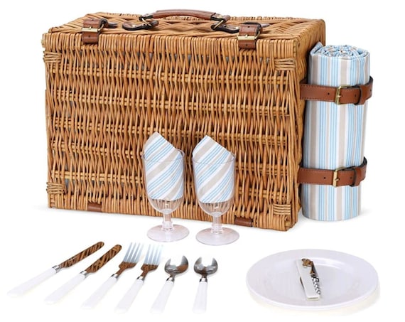 Wicker Picnic Basket for 2 with Waterproof Picnic Blanket, Picnic Set for 2  with Sand-Proof Beach Mat,Willow Hamper Service Gift Set for Camping and