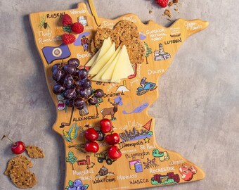Personalized Minnesota State Shaped Cutting Board and Charcuterie Serving Platter Includes Hang Tie for Wall Display