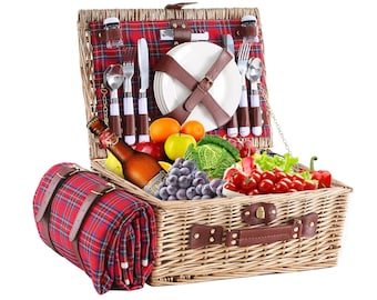 Personalized Red Plaid Picnic Basket Set for 4 , Willow Hamper with Large Insulated Cooler. Waterproof Blanket and Cutlery Service Kit