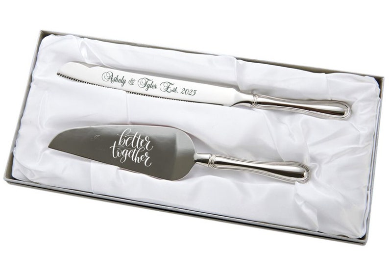 Simple Engraved Silver Wedding Cake Server and Knife 2pc Silver Wedding Server Set image 6