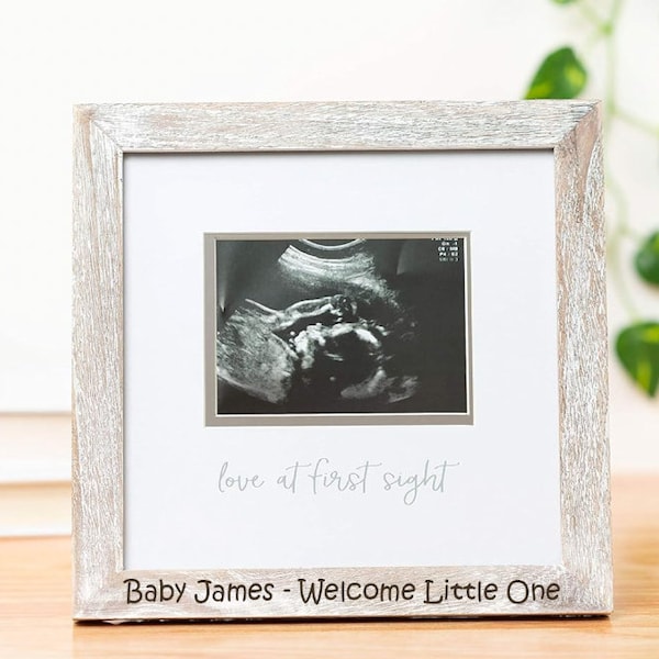 Engraved Sonogram Photo Frame, Baby Ultrasound Keepsake Picture Frame, Gender-Neutral Nursery Décor, 4" x 3" Photo Insert, Distressed Wood