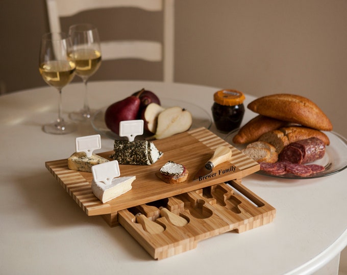 Personalized Cheese Wood Cutting Board With 4 Cheese Cutting Utensils